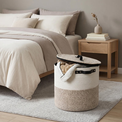 Panier à linge 14 po en corde de coton avec couvercle - Panier de rangement rond tissé de 58 L avec poignées pour vêtements, couvertures et jouets, panier de rangement moderne anti-poussière