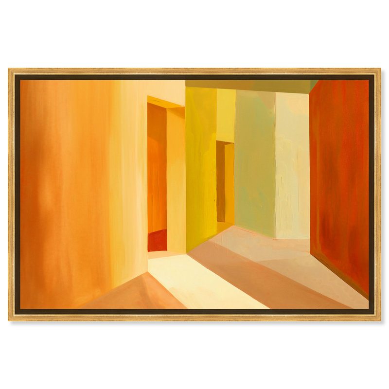 Art mural moderne géométrique moderne à blocs de couleur orange par Art Remedy, Encadrement doré, H 17 po x l 25 po