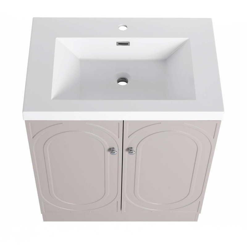 Meuble-lavabo autoportant avec lavabo en résine blanche, Kaki, Argent argent