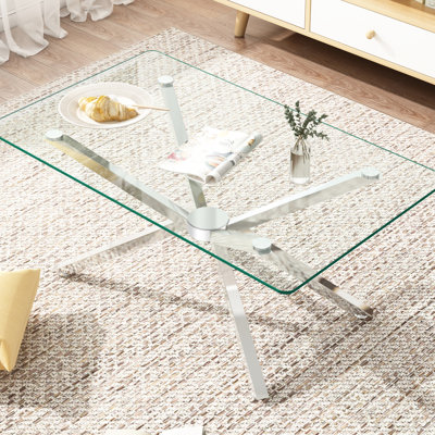 Élégante table basse rectangulaire en verre trempé transparent de 38,79 po avec pieds en métal argenté, stable et fonctionnelle pour plusieurs pièces Rectangulaire, verre, table, style moderne, installation rapide réglable,