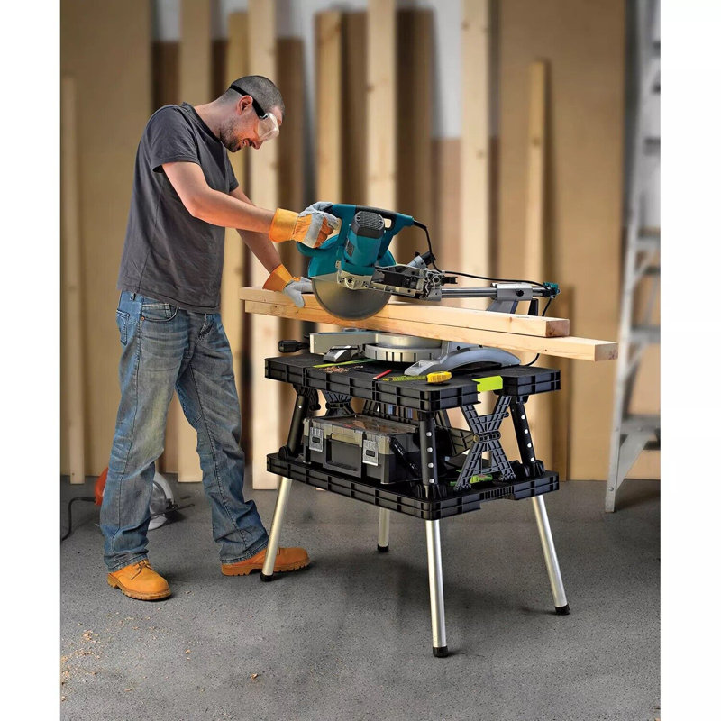 Keter Folding Table Work Bench for Miter Saw Stand with Included 12 Inch Wood Clamps Ideal for Woodworking and Accessories