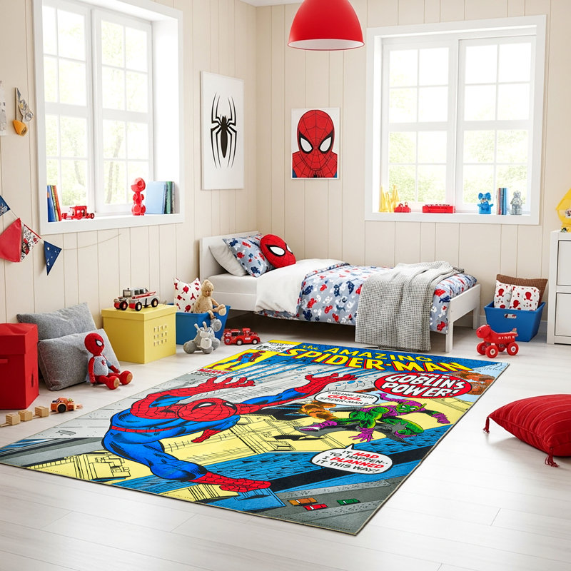 Licensed Marvel Spiderman Modern Character Printed Flannel Non-Slip Washable Indoor Kids Area Rug, Spider Power, 54"x78"