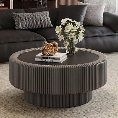 Table basse cannelée ronde avec plateau de rangement en verre trempé et plateau en cuir de qualité supérieure avec rangement caché pour le salon