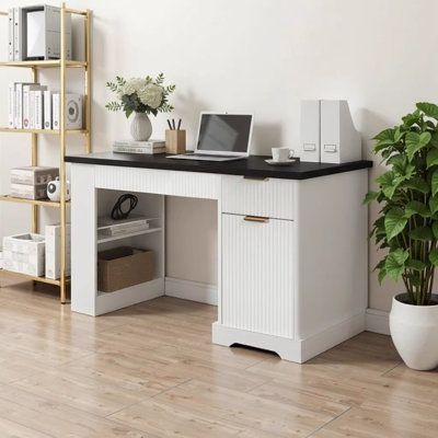 55" Modern Fluted Office Desk with Storage Cabinet & Drawers, Computer Writing Desk with Power Outlet, Pegboard, Built-in Shelves and Keyboard Tray for Study, Living Room, Home Office, White