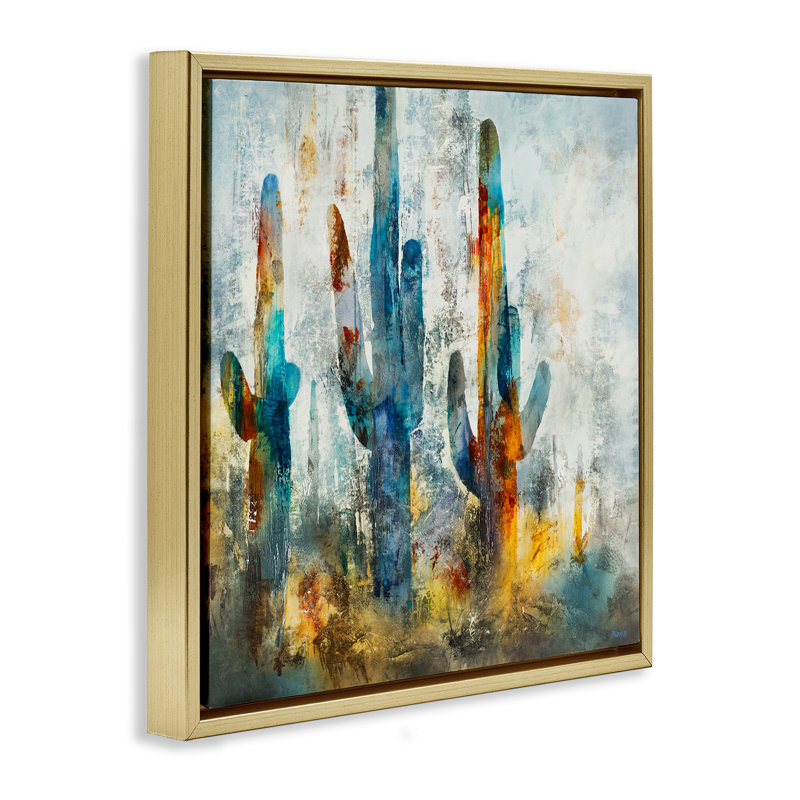 «Abstract Abstract Vibrant Cacti Silhouettes Grain» par Scott Brems, H 25 po x l 25 po, Cadre flottant métallique doré