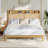 Rattan King Size Bed Frame with LED Lights, Boho Wood Bed Frame with Storage Headboard, Natural Rattan, Silent Slats, No Box Spring Needed-1950731402