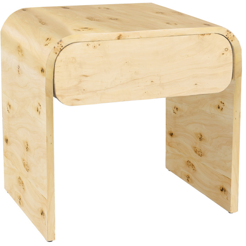 Burl Wood Curved Minimalist Nightstand with Single Drawer
