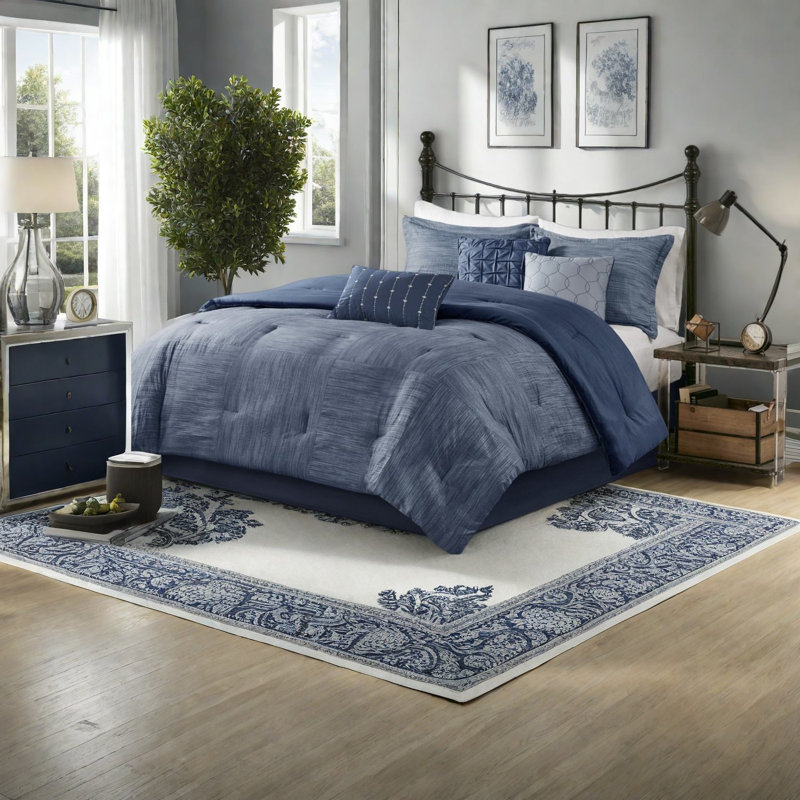 Ensemble de literie moderne en microfibre bleu marine Seersucker pour la maison