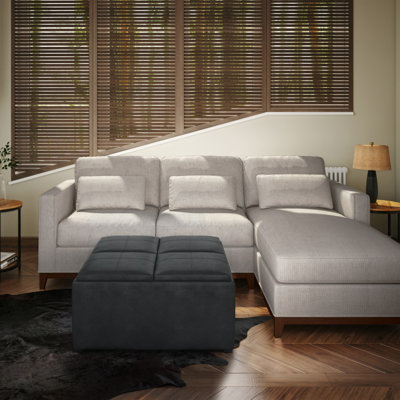 Avalon 35"W Upholstered Vegan Leather Modern Square Coffee Table Storage Ottoman with 4 Flip-Over Trays by Simpli Home