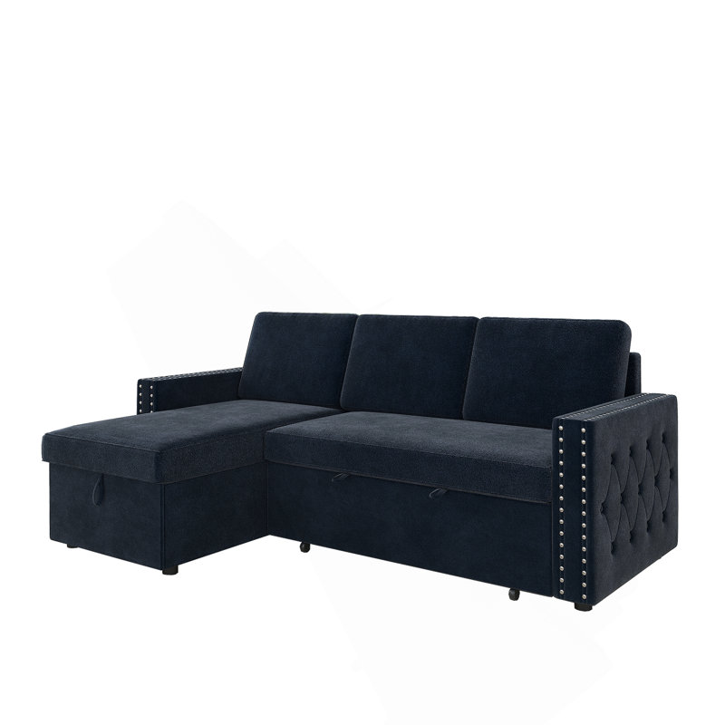 85.8" Pull Out Sleeper Sofa L-Shaped Couch Convertible Sofa Bed with Storage Chaise And Storage Racks, Blue Chenille