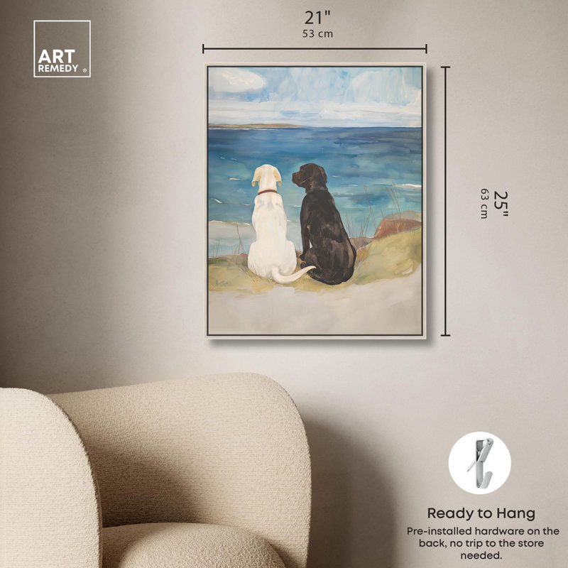 «Dog Perfect pair», toile côtière par Art Remedy, H 25 po x l 21 po, Cadre flottant argent