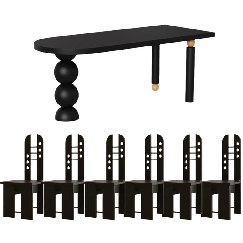 Table de salle à manger moderne noire avec boules géométriques, H 29,5 po x L 86,6 po x l 35,4 po