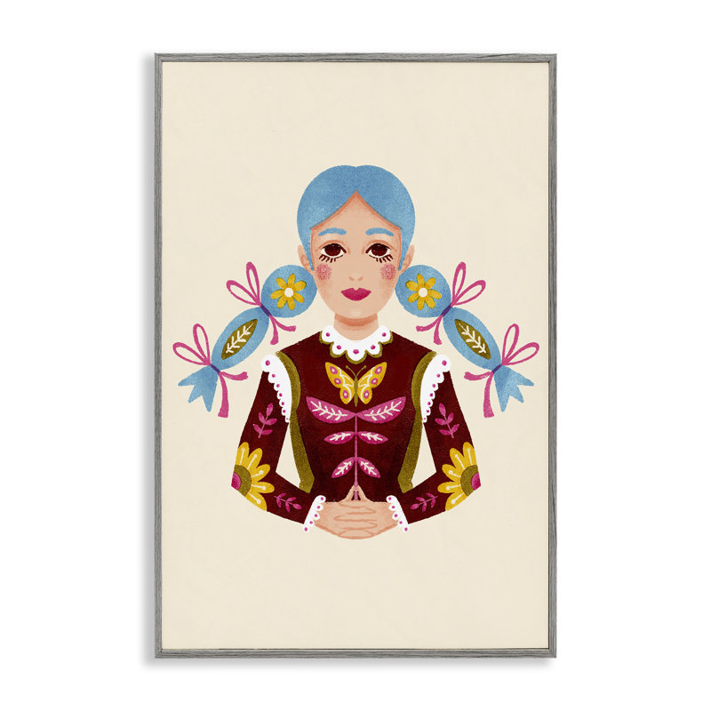 Blue Haired Girl Portrait Framed Giclee, design by Hannah Moren, Farmhouse Grey Framed Giclee, 18" H x 12" W
