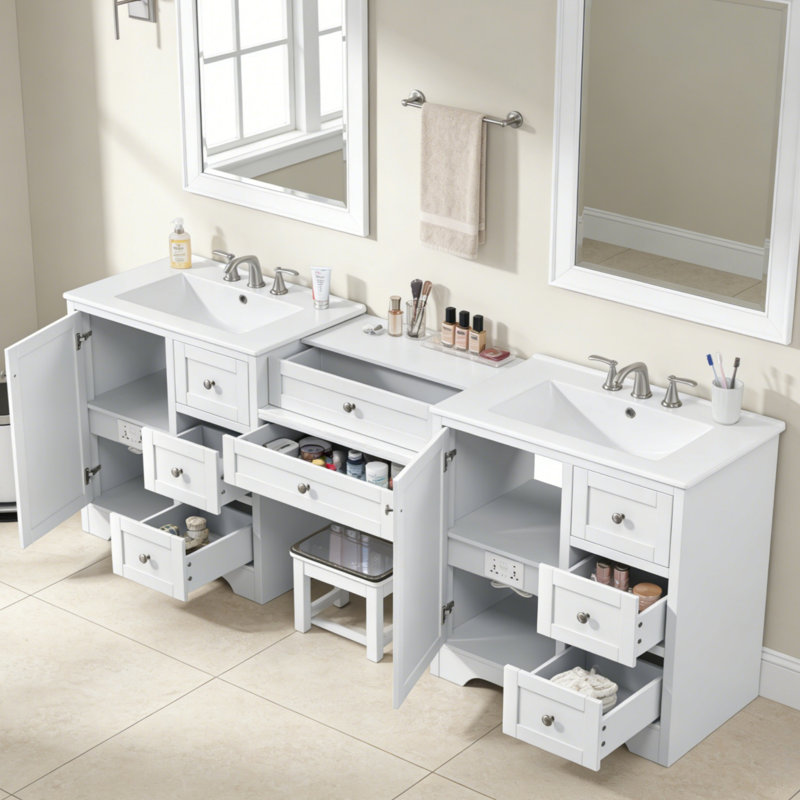 84'' Double Bathroom Vanity With Quartz Top And Buld In Power Outlets, White