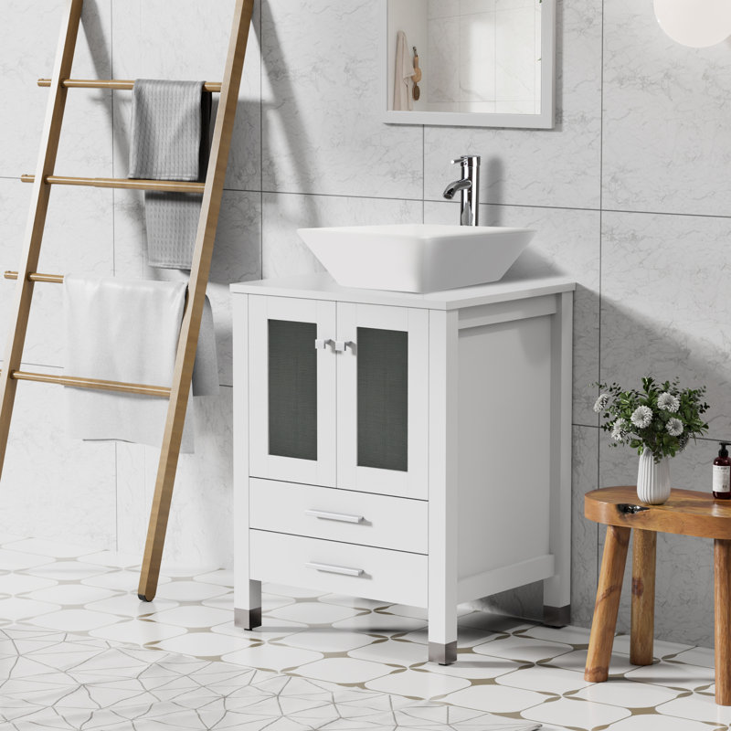 Kasa 24 Single Bathroom Vanity with Wood Top, Vessel Sink, Zinc Alloy Faucet, Solid Wood Legs, White