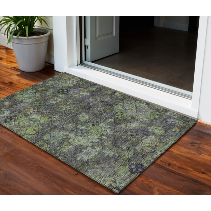 Tapis extérieur lavable floral gris anthracite et noir 3 pi x 5 pi