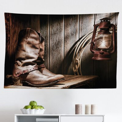 Western Tapestry, Cowboys And Lantern On A Dallas Bench In Vintage Ranch Nostalgic Folkloric Photograph, Fabric Wall Hanging Decor For Bedroom Living -  East Urban Home, 78D0F522C26C44B182EC183DE6B81BB3