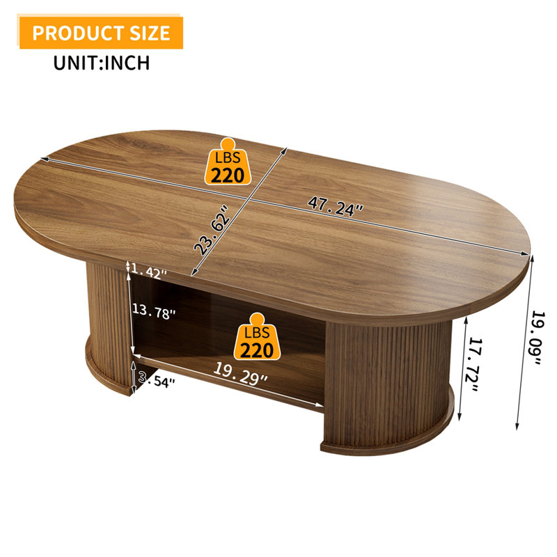Table basse ovale de style Mid-Century cannelé avec base double et tablette de rangement pour le salon ou le bureau.