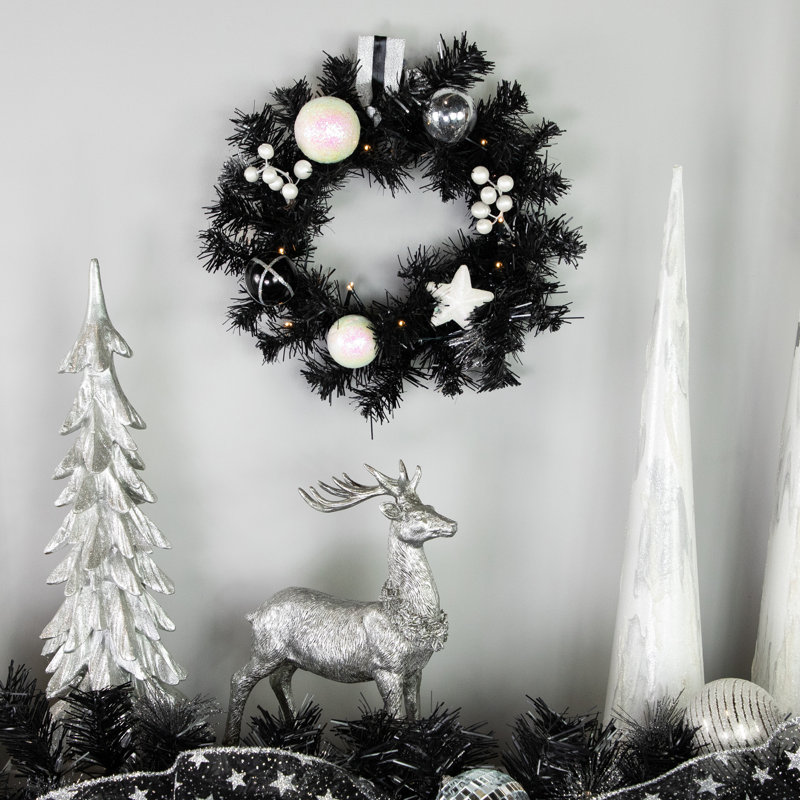 Pre-Lit LED Battery Operated Black Pine Christmas Wreath - 16" - Cool White Lights