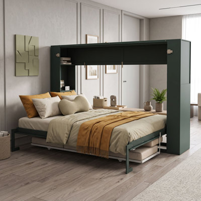 Lit escamotable double en bois avec canapé rembourré, tablettes de rangement et station de charge USB
