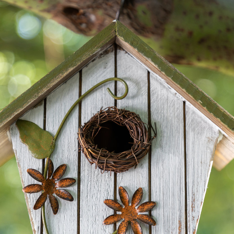 8.75"H Distressed Solid Wood Birdhouse with 3D Flower Decoration