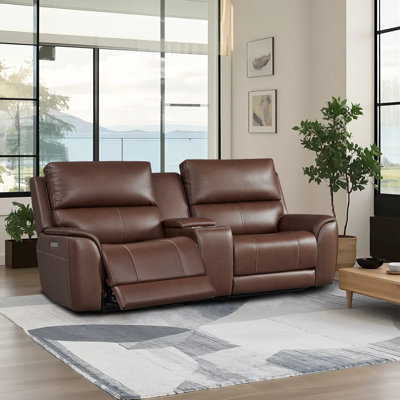 Top Grain Leather Double-Width Triple Power Reclining Console Loveseat With Zero Gravity, Power Headrest and Lumbar Support