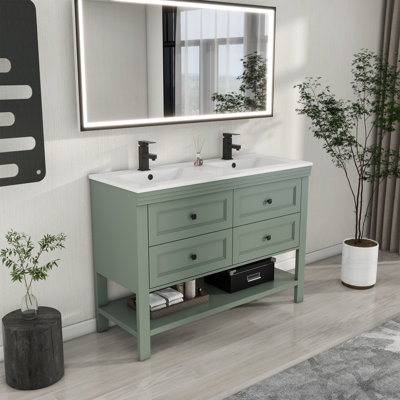 Sharee 48“ Double Sink Bathroom Vanity With Resin Countertop, Zinc Alloy Faucet, 4 Smooth Drawers 1 Open Shelf