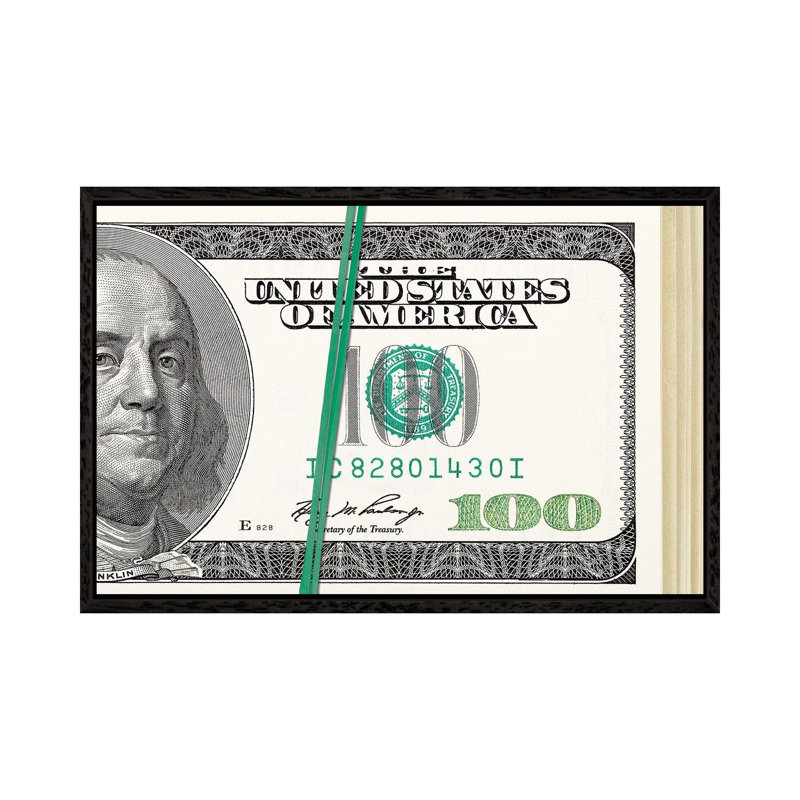 Folded Hundreds - Print on Canvas, 101.6cm H x 152.4cm W x 3.81cm D, Black Framed