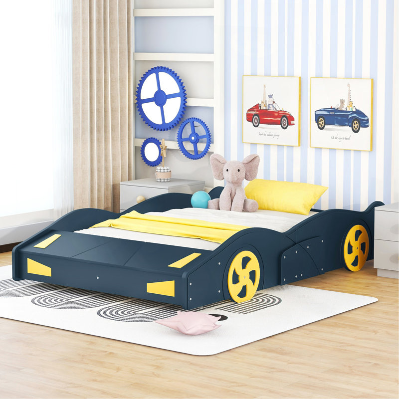 Lit plateforme double en forme de voiture de course avec roues et rangement, bleu foncé et jaune, Lit double, Bleu très foncé