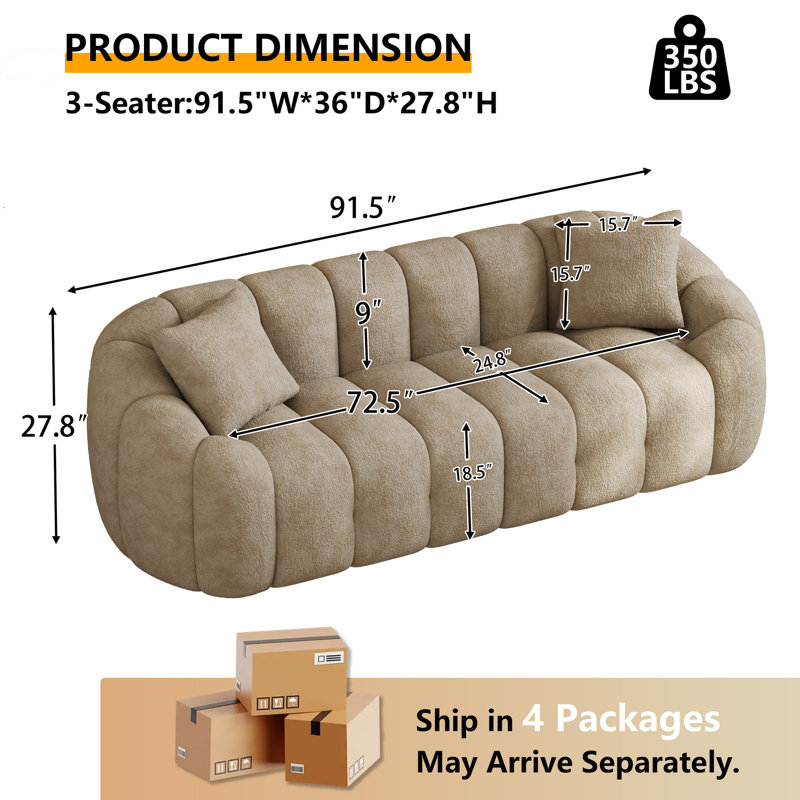 Canapé rembourré capitonné à siège profond , H 27,8 po x l 91,5 po x P 36 po, Marron clair