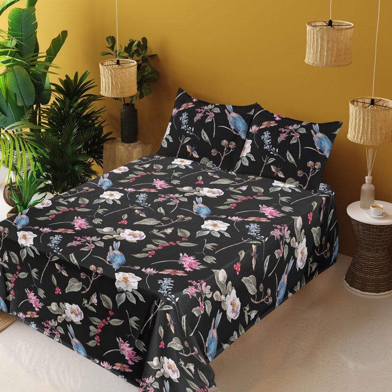 Ambesonne Birds and Nature Sheet Set Jungle Exotic Boho Charcoal Grey Blush, Queen Sheet Set with 2 Pillowcases