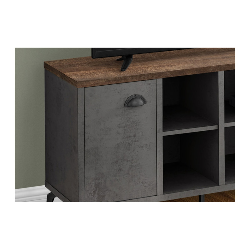 Meuble télé brun et gris avec tablettes réglables