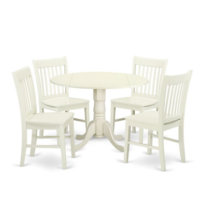 5 Piece Dining Set Includes a Round Dining Room Table with Dropleaf and 4 Kitchen Chairs, 42x42 Inch, Linen White