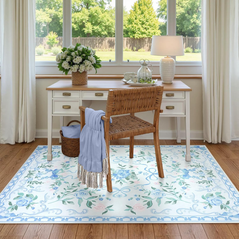 Kaldi Floral Washable Area Rug Non-Slip Stain Resistant Low-Pile Boho Large Indoor Throw Carpet, Rectangle 4' x 6'