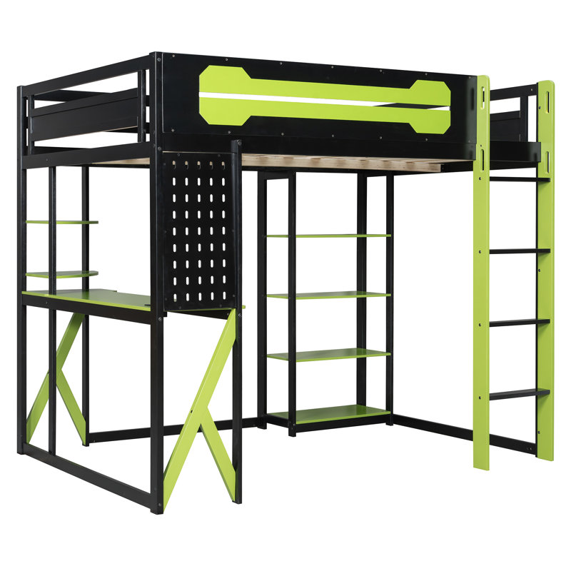 Lit mezzanine double en bois avec bureau, tablettes, ports USB / Type-C et lumière DEL RVB, noir et vert, Green