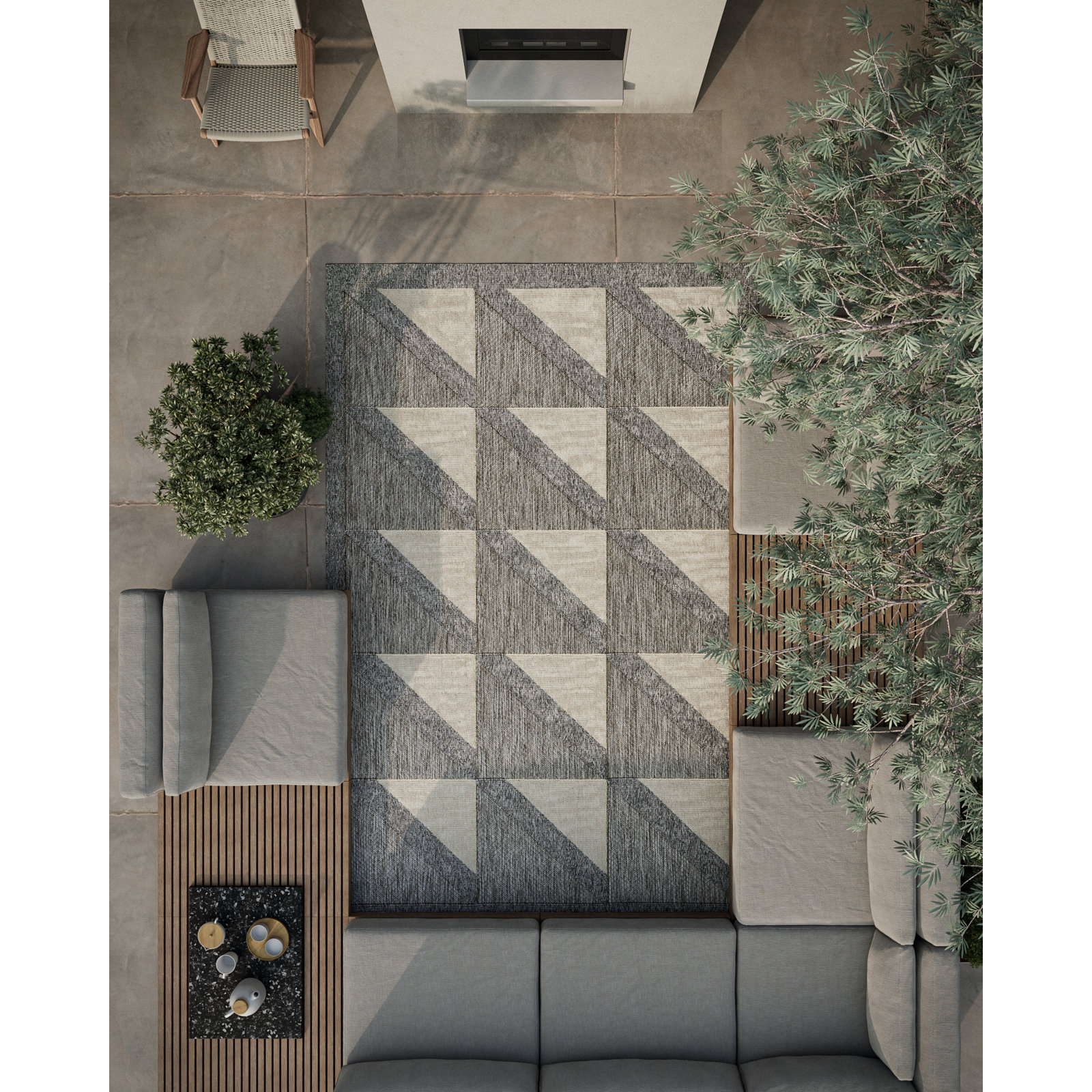 Trula Gray Beige Geometric Outdoor Rug, Rectangle 9'3" x 12'6"
