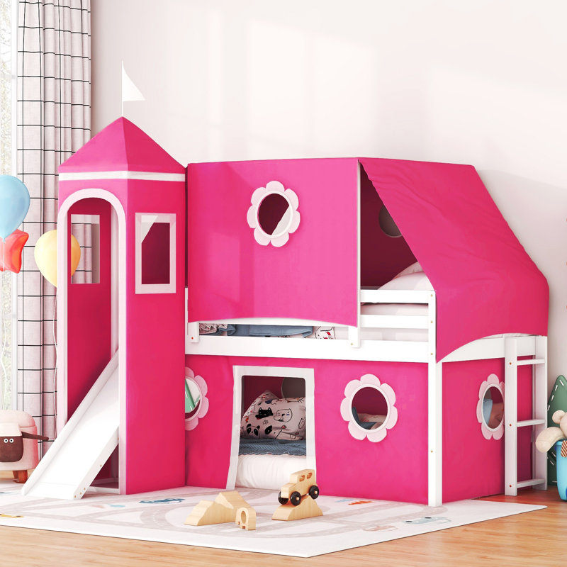 Lit mezzanine simple avec tente et tour rose Slide - Rose