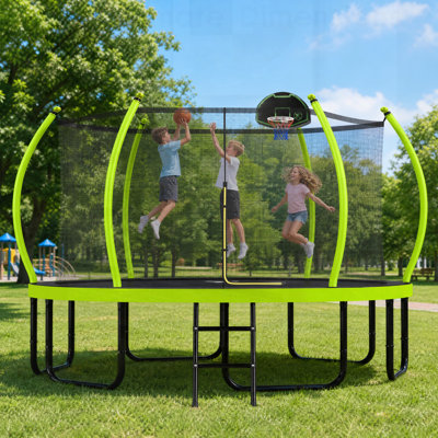 Trampoline avec panier de basketball pour enfants et adultes, trampoline extérieur rond avec filet, poteaux courbés et échelle