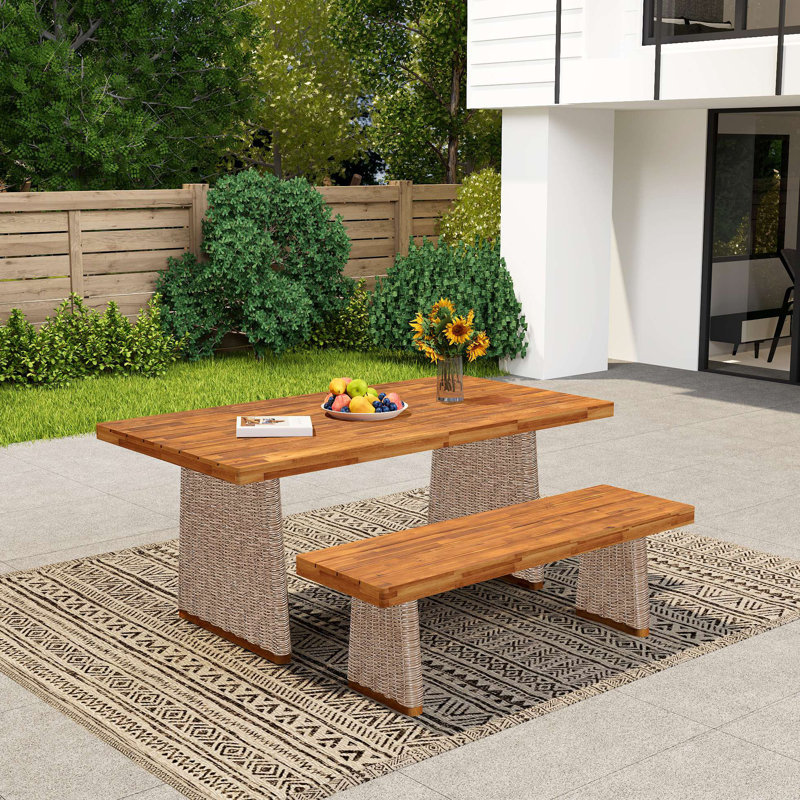 Ensemble de table de salle à manger d'extérieur en bois d'acacia avec 1 table et 1 banc, brun, Brun / teck