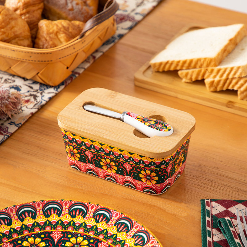 Beurrier bohémien en céramique avec couvercle en bois et couteau à beurre, garde-beurre décoratif en céramique avec 4 options de motif, contenant à beurre pour comptoir de cuisine