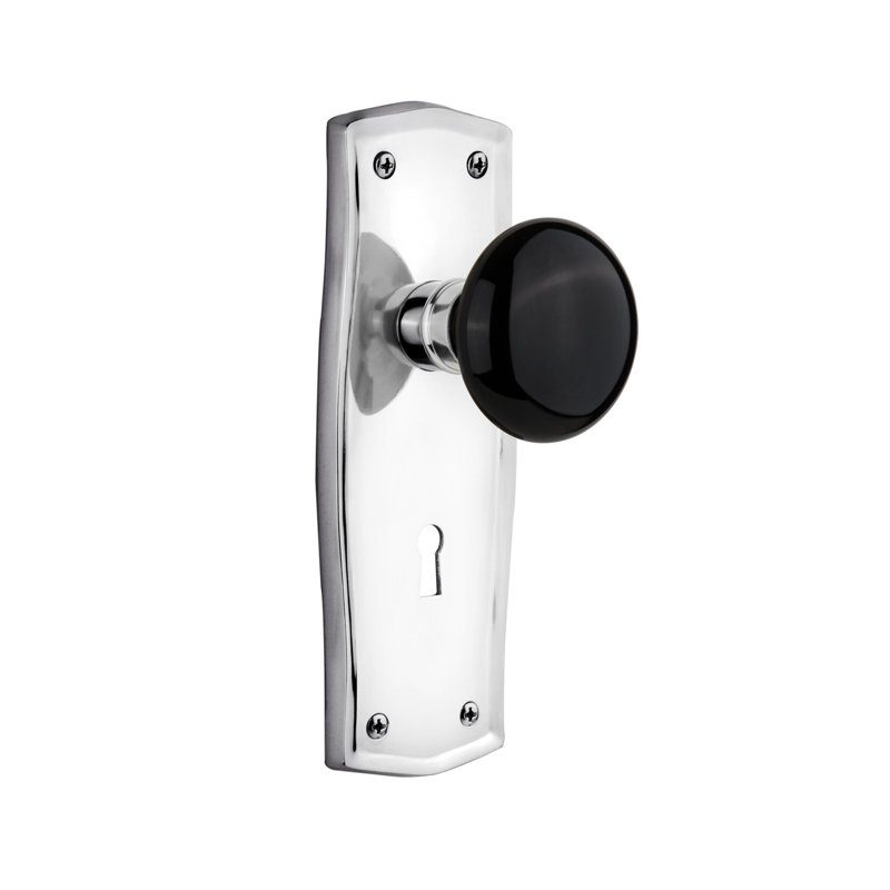Prairie Plate with Decorative Keyhole and Black Porcelain Door Knob, Bright Chrome, 2-3/8"