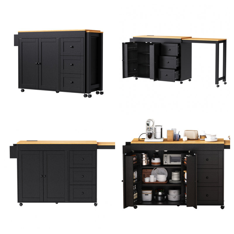 Hub de cuisine 2 en 1, table de salle à manger extensible + îlot de cuisine roulant, Noir
