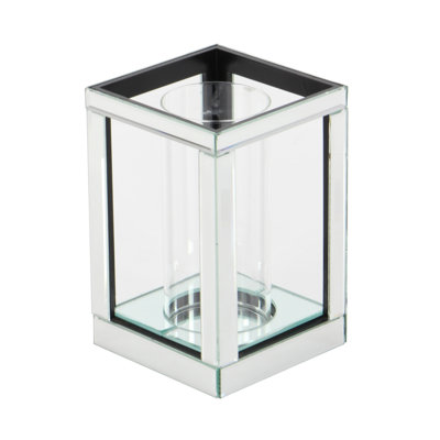 Glass Pillar Silver Hurricane Lamp with Mirrored Accents