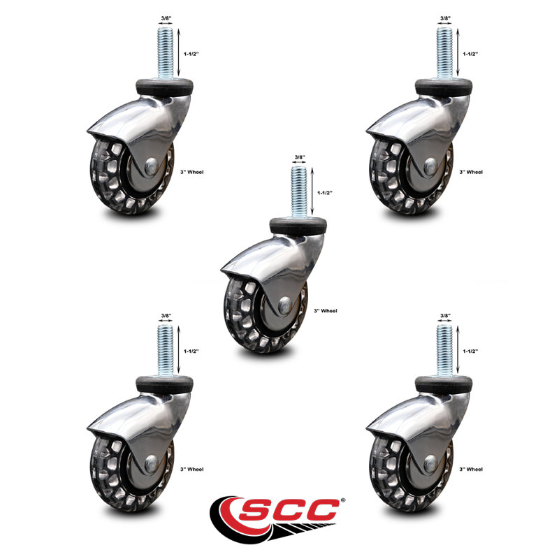 3 Inch Bright Chrome Hooded Polyurethane 3/8 Inch Threaded Stem Casters Set 5