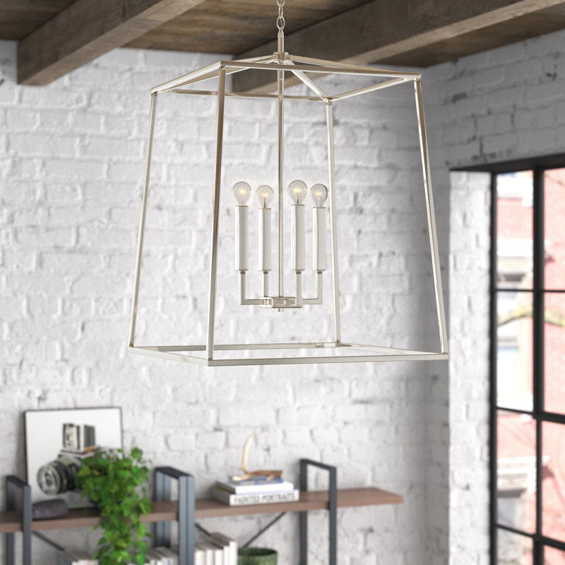 Thea 4 - Light Dimmable Lantern Geometric Chandelier, 26.75" H x 16" W x 16" D, Polished Nickel