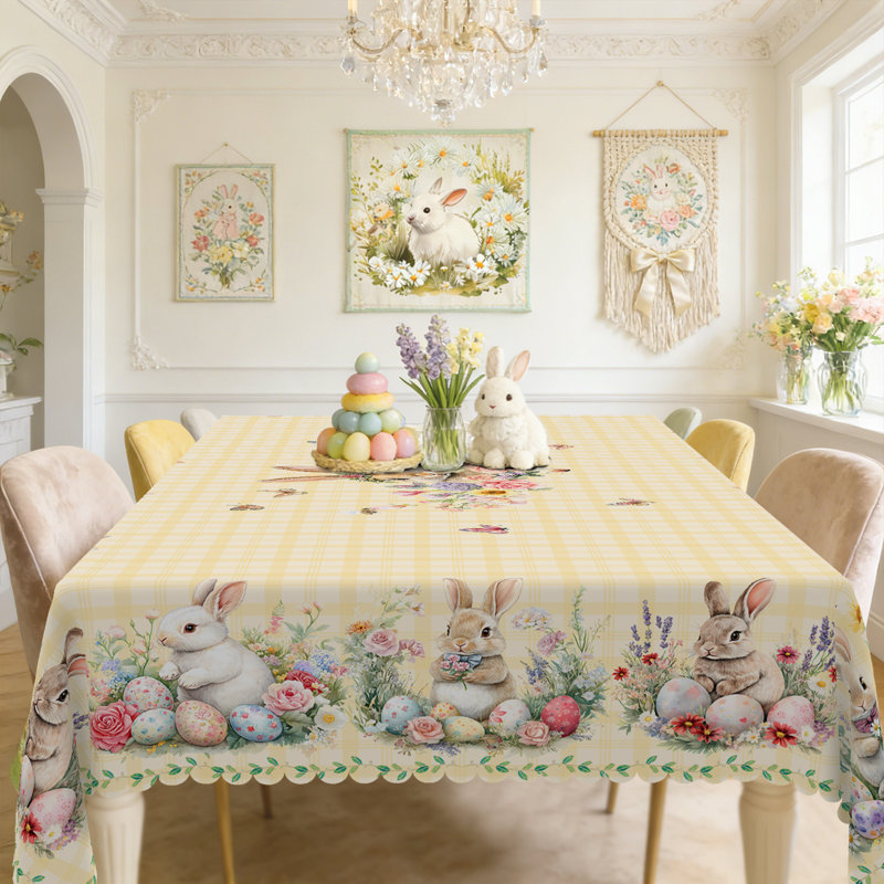 Nappe douce à carreaux jaune à motif de lapin de Pâques - Couronne florale et housse en tissu imprimé d'œufs, nappe ronde / rectangulaire réutilisable pour les rassemblements de Pâques, repas de printemps | Nappe décorative à bordure festonnée avec motif papillon