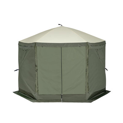 Tente de pavillon de jardin 10 pi 10 po avec murs d'intimité, abri de soleil à moustiquaire vert armée et moustiquaire pour le camping et la cour arrière
