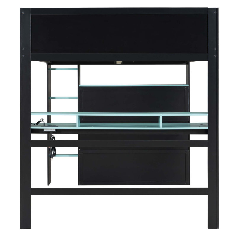 Lit superposé double pleine grandeur avec bureau intégré, éclairage RVB et grand espace de rangement, Blue;Black