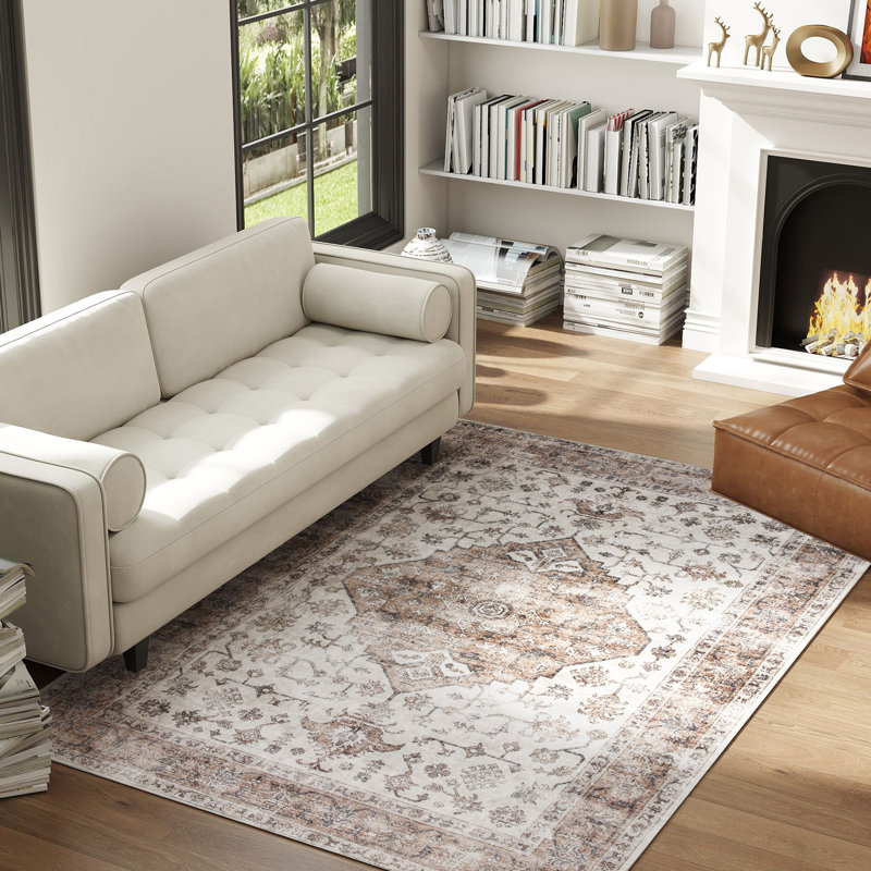 4x6 Area Rug, Vintage Machine Washable Rug, Non-Slip Floor Carpet for Living Room, Bedroom, Dining Room, Home Office, Tan