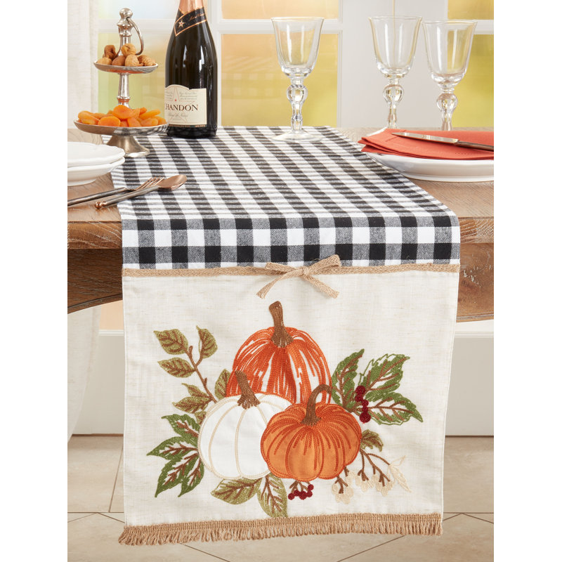 Black and White Plaid Pumpkin Embroidered Table Runner